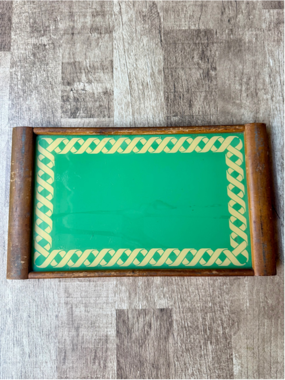 Vintage Green Glass Wood Framed Vanity Tray Chain Link Border Accent
